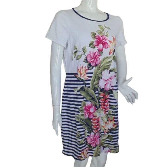TOMMY BAHAMA Dress, L, White, Blue stripes, Floral print, Short sleeves, Jersey - Picture 3 of 11